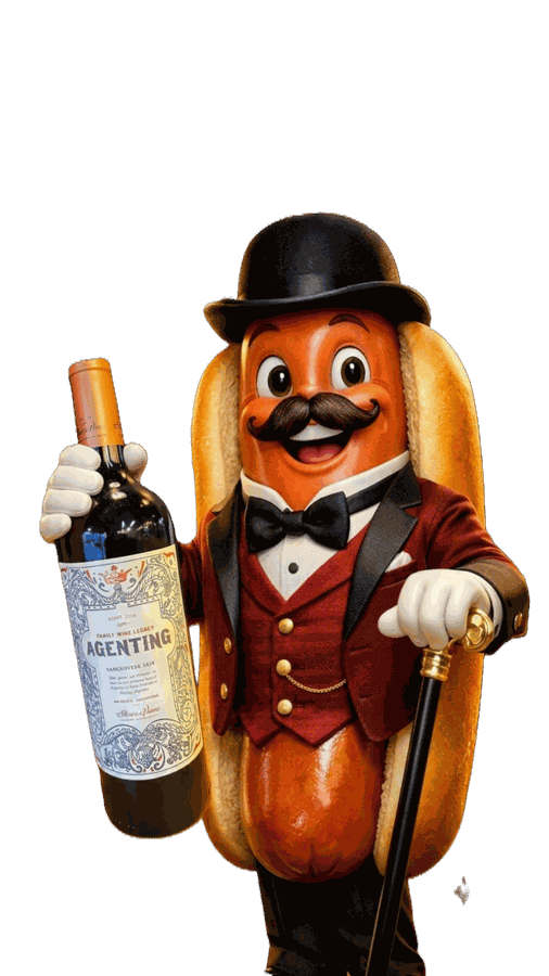 El personaje de House of Panchos, de galera y frac, con una botella de vino